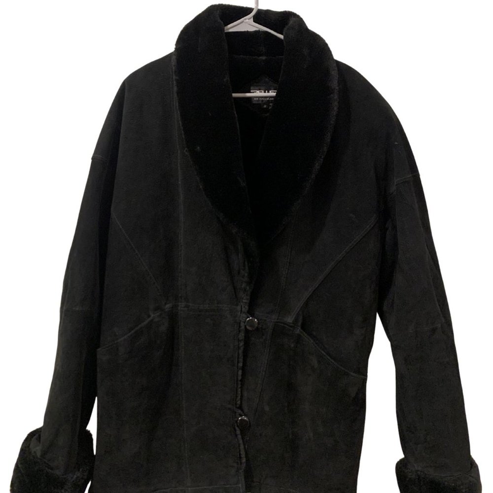 Vintage Womens Pelle New York Milano Sz Small Black Suede Jacket Coat Faux Fur